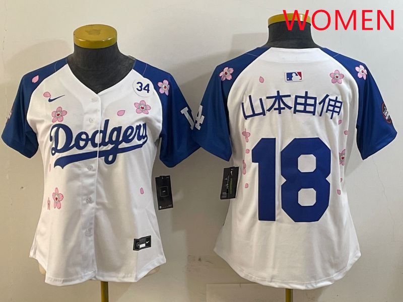 Women Los Angeles Dodgers #18 Yamamoto White Blue Sakura Edition 2025 Nike MLB Jersey style 13